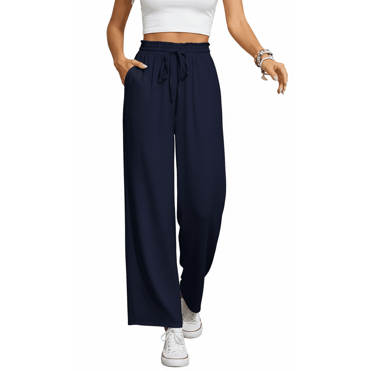 Women’s Casual Wide Leg Sweatpants Flowy Lounge Pants with Pockets Adjustable Tie Knot Elastic Waist Pajama Pants