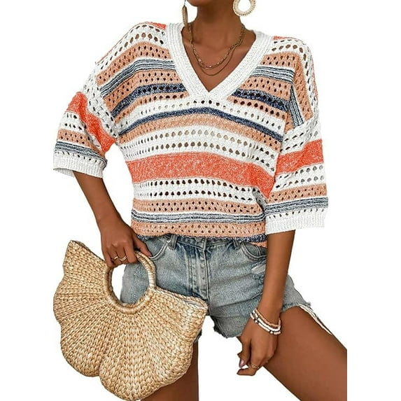Women’s Crochet Sweater Top V Neck Cap Short Sleeve Spring Summer Knit Shirt Loose Hollow Out Striped Pullover Beach Vacation Cruise Casual Fashion Clothes