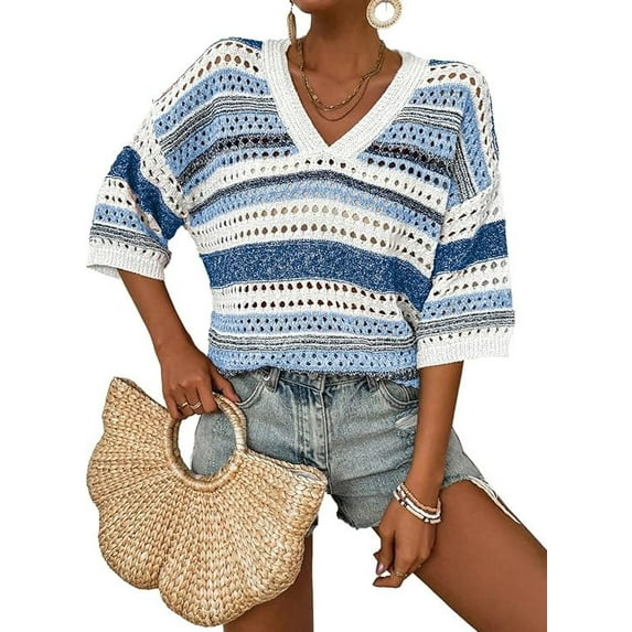 Women’s Crochet Sweater Top V Neck Cap Short Sleeve Spring Summer Knit Shirt Loose Hollow Out Striped Pullover Beach Vacation Cruise Casual Fashion Clothes