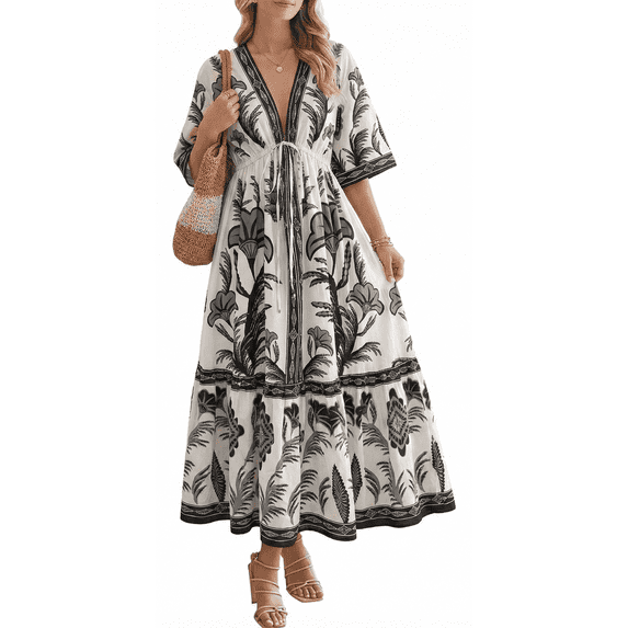 Women's Floral V Neck Maxi Dress Short Sleeve Shirred Flowy Summer Dresses