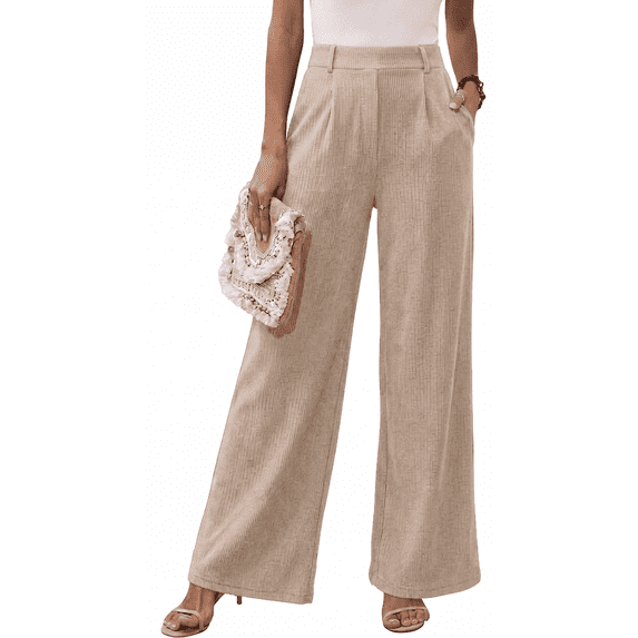 Women’s High Waisted Wide Leg Pants Casual Straight Leg Trousers with Front Pleats Elastic Back Waist Lounge Work Pants