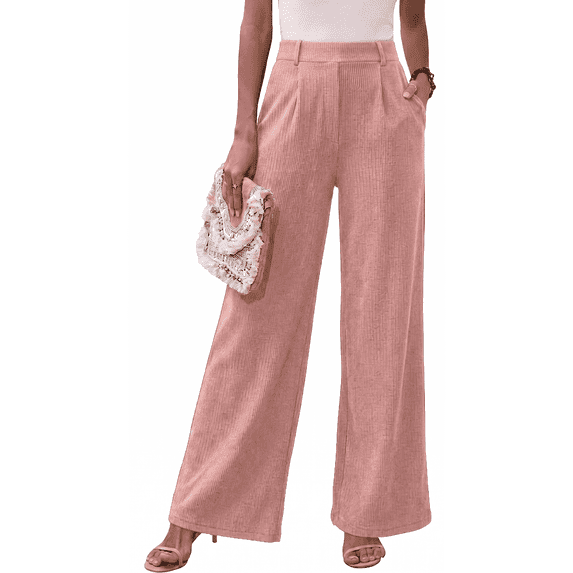 Women’s High Waisted Wide Leg Pants Casual Straight Leg Trousers with Front Pleats Elastic Back Waist Lounge Work Pants