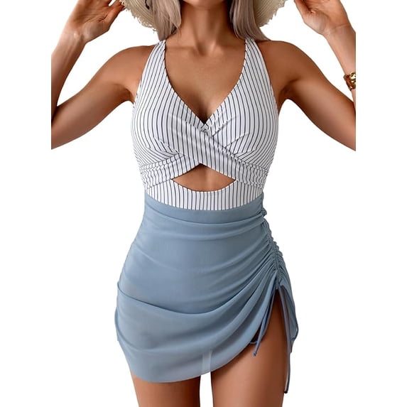 Women’s One Piece Swimdress Swimsuit Mesh Sarong Wrap Skirt Tummy Control V Neck Cutout Bathing Suit Drawstring Swimwear