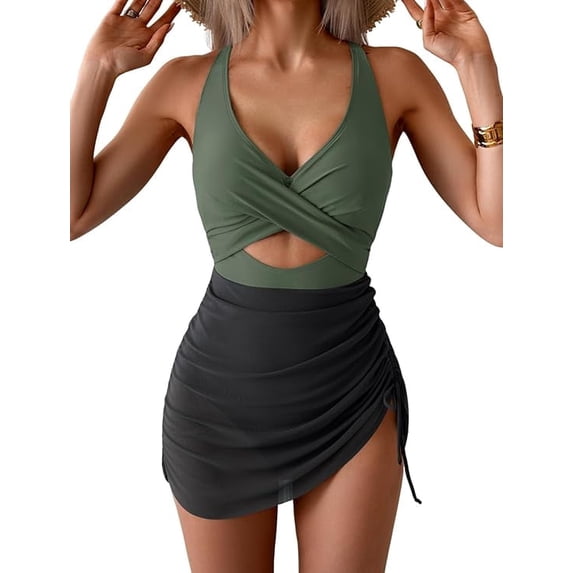 Women’s One Piece Swimdress Swimsuit Mesh Sarong Wrap Skirt Tummy Control V Neck Cutout Bathing Suit Drawstring Swimwear