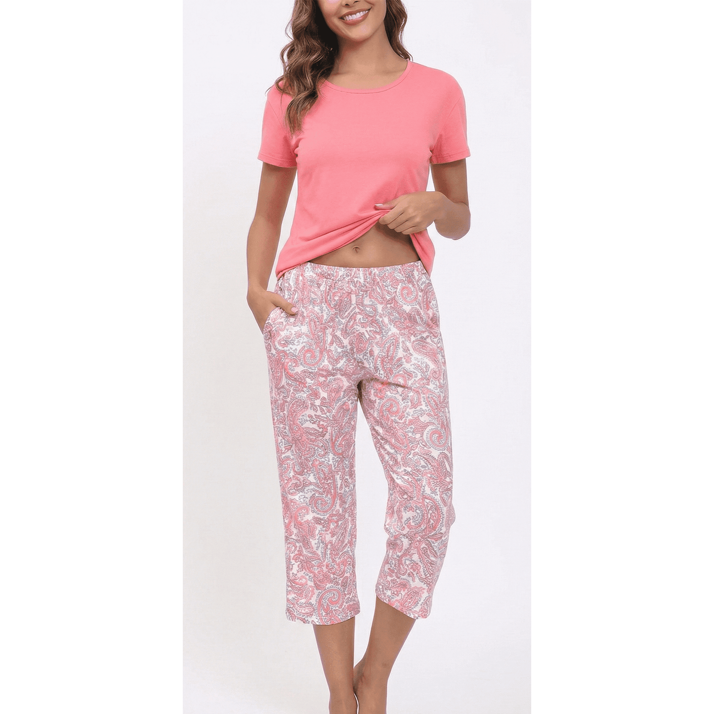 Women’s Pajama Sets 2 Piece Pj Short Sleeve Top and Capri Pants Soft Comfy Lounge Sets Casual Loose Loungewear Sleepwear with Pockets for Spring Summer Fall (Available in Plus Size)