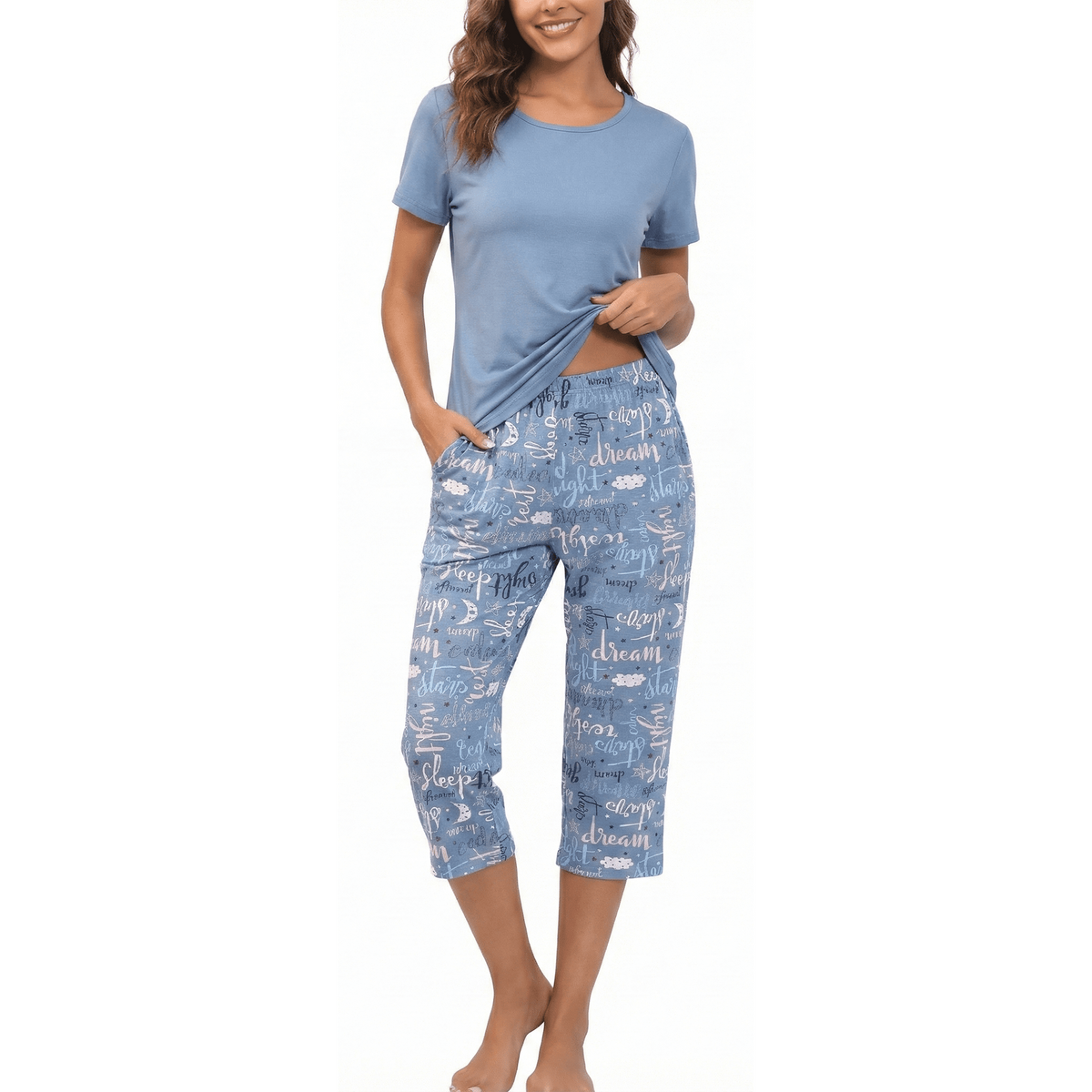 Women’s Pajama Sets 2 Piece Pj Short Sleeve Top and Capri Pants Soft Comfy Lounge Sets Casual Loose Loungewear Sleepwear with Pockets for Spring Summer Fall (Available in Plus Size)