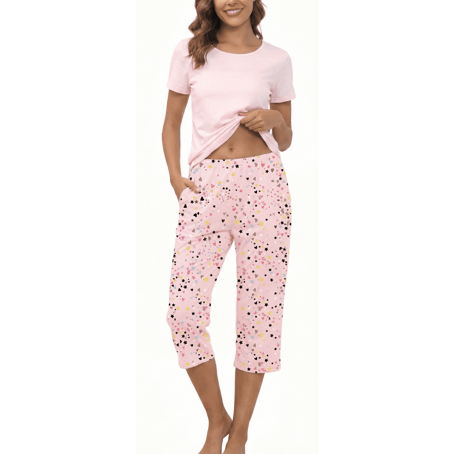 Women’s Pajama Sets 2 Piece Pj Short Sleeve Top and Capri Pants Soft Comfy Lounge Sets Casual Loose Loungewear Sleepwear with Pockets for Spring Summer Fall (Available in Plus Size)