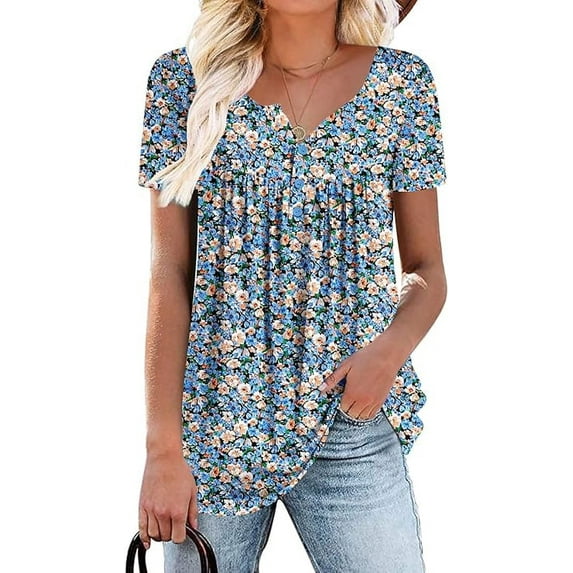 Women’s Short Sleeve Floral Tops Summer Casual Loose Fit Tunic Shirts Button Detail Flowy Blouses for Leggings Jeans Daily Wear