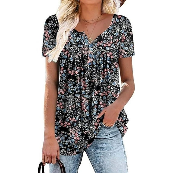 Women’s Short Sleeve Floral Tops Summer Casual Loose Fit Tunic Shirts Button Detail Flowy Blouses for Leggings Jeans Daily Wear