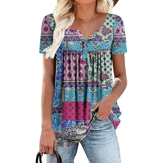Women’s Short Sleeve Floral Tops Summer Casual Loose Fit Tunic Shirts Button Detail Flowy Blouses for Leggings Jeans Daily Wear