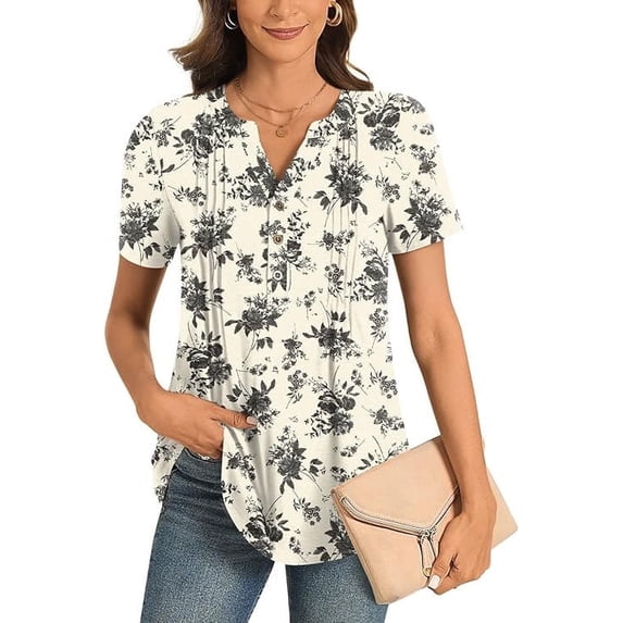 Women’s Summer Floral Tops Short Sleeve Henley Shirt Button Down Casual Loose Fit Lightweight Tunic Blouse for Daily Wear(Available in Plus Size)