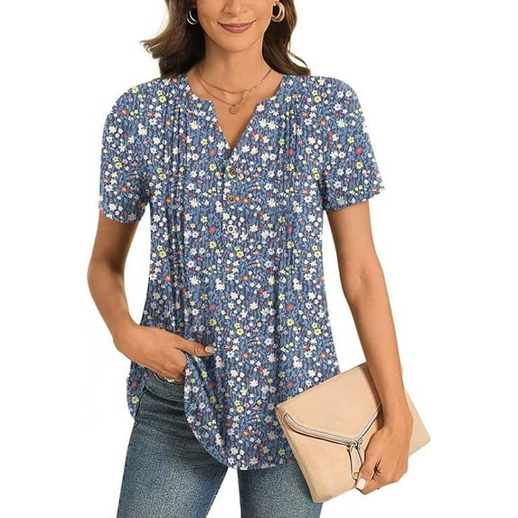 Women’s Summer Floral Tops Short Sleeve Henley Shirt Button Down Casual Loose Fit Lightweight Tunic Blouse for Daily Wear(Available in Plus Size)