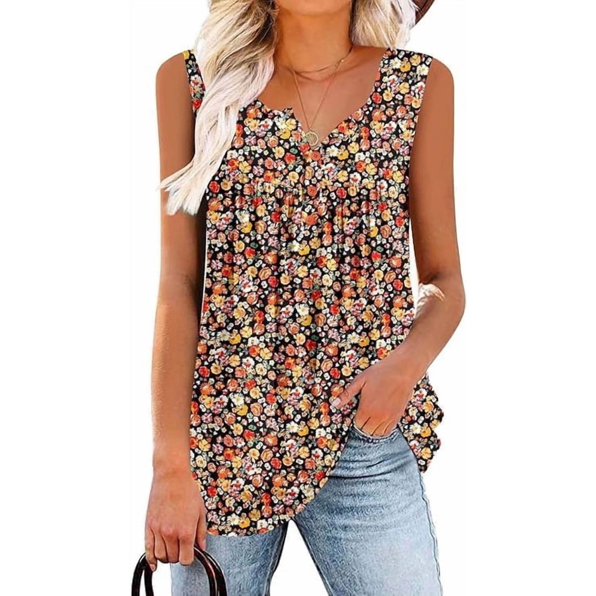 Women’s Tank Top Summer Floral Sleeveless V Neck Blouse Casual Dressy Tunic Loose Fit Lightweight Printed Shirt for Beach Vacation Daily Fashion Wear