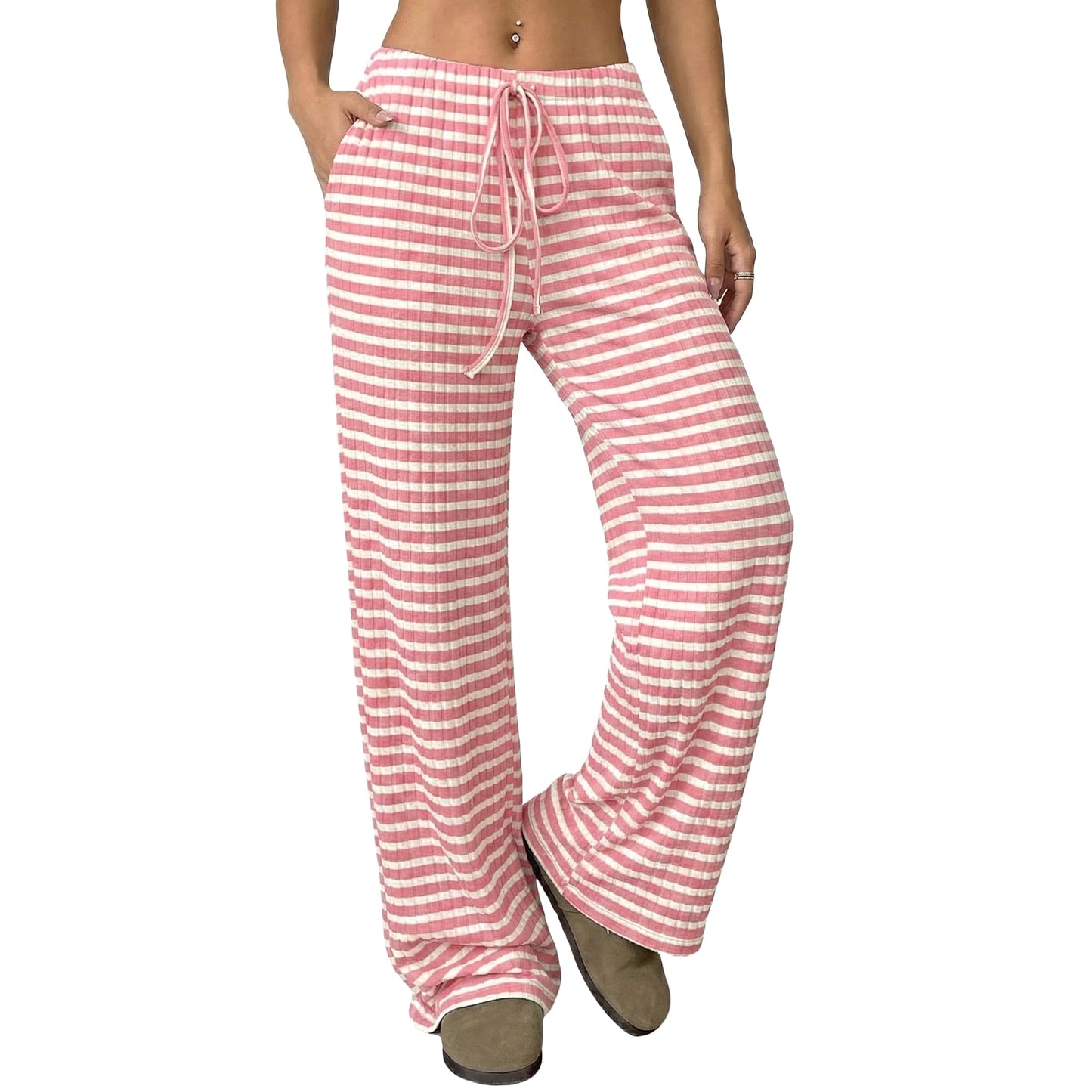 Women’s Wide Leg Palazzo Pants High Waisted Striped Knit Lounge Pants Elastic Waist Drawstring Casual Pajama Trousers