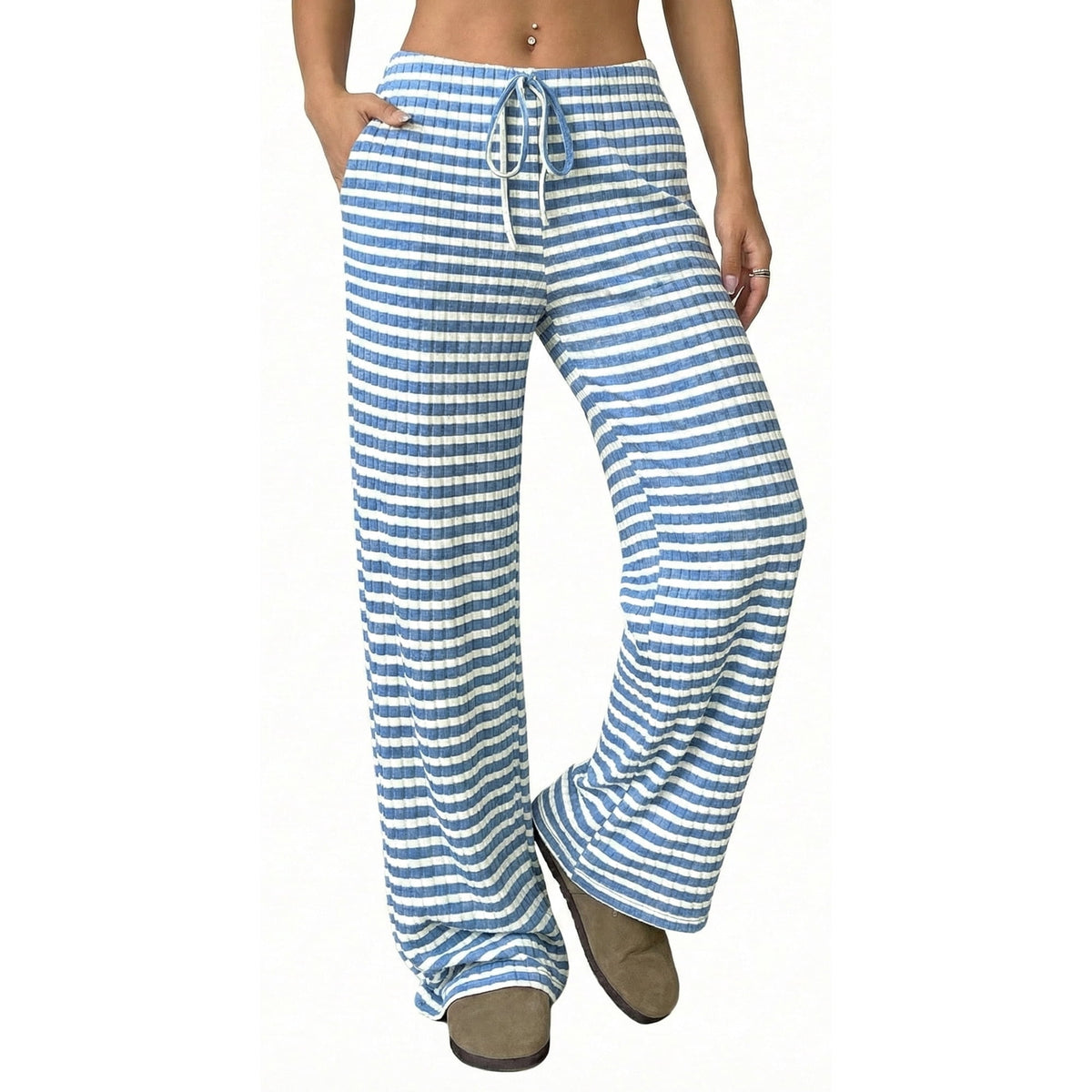 Women’s Wide Leg Palazzo Pants High Waisted Striped Knit Lounge Pants Elastic Waist Drawstring Casual Pajama Trousers