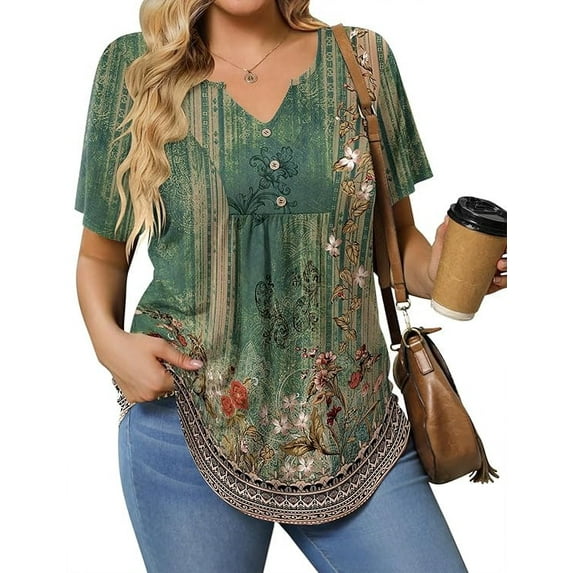 Womens Plus Size Tunic Tops Summer Short Sleeve V Neck Floral Blouse Casual Loose Fit Pleated Button Down Dressy T Shirts for Work, Travel & Everyday Wear