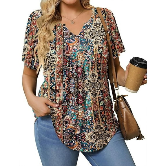 Womens Plus Size Tunic Tops Summer Short Sleeve V Neck Floral Blouse Casual Loose Fit Pleated Button Down Dressy T Shirts for Work, Travel & Everyday Wear