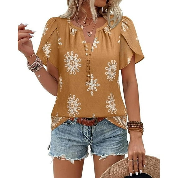 Womens Summer Boho Blouse Short Sleeve Button Down Floral Top Casual Business Work Shirt Fashion Beach Vacation Tops