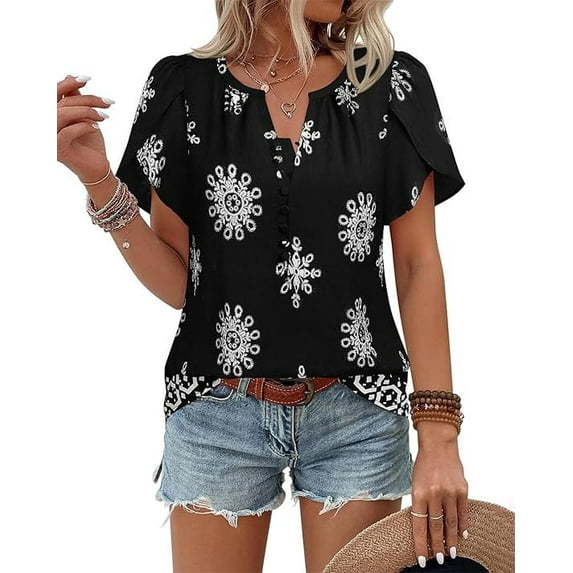Womens Summer Boho Blouse Short Sleeve Button Down Floral Top Casual Business Work Shirt Fashion Beach Vacation Tops