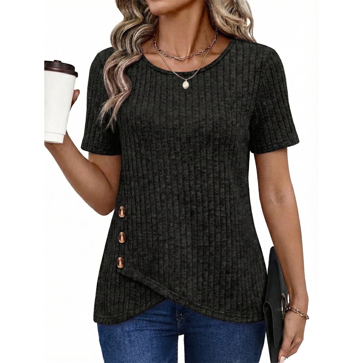 Womens Summer Tunic Tops Short Sleeve Crew Neck Casual Shirts Button Detail Loose Fit T Shirts for Daily Wear Vacation