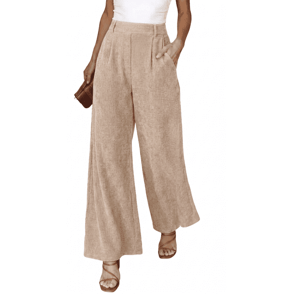 Women’s High Waisted Wide Leg Pants Casual Straight Leg Trousers with Front Pleats Elastic Back Waist Lounge Work Pants