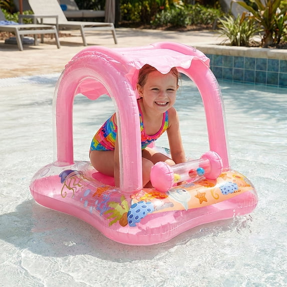 Flynow Baby Pool Float with Canopy Sun Protection, Kids Swimming Float with Safety Seat, Inflatable Toddlers Pool Floats with Cartoon Bell Toy, Infant Swim Trainer, Summer Essentials for Boys Girls