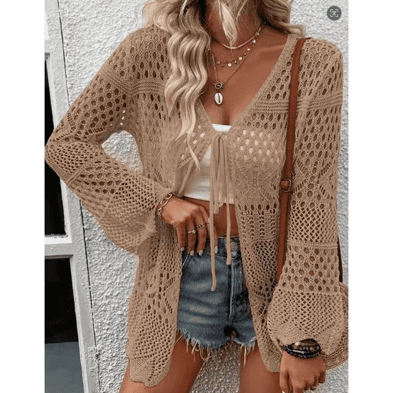 WQD Women Crochet Cardigan for Summer Spring Fall, Lightweight Oversized Tie Front Hollow Out Long Sleeves Kimono Boho Knit Beach Cover Up with Swimsuit, Bikini, Bathing Suit