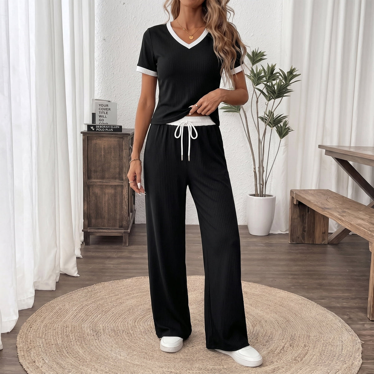 Women's 2 Piece Lounge Set V Neck Short Sleeve Top and Wide Leg Pants with Pockets Casual Travel Outfit for Vacation Airport Work from Home