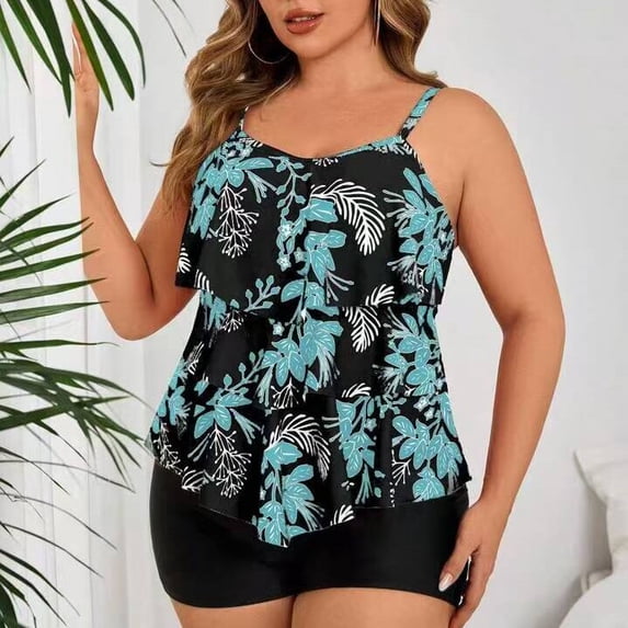 Plus Size Tankini Swimsuits for Women Tummy Control 2 Piece Bathing Suit Ruffle Flounce Swim Top with Boyshorts Modest Floral Swimwear