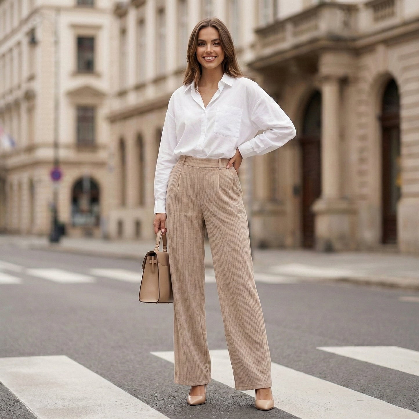 Women’s High Waisted Wide Leg Pants Casual Straight Leg Trousers with Front Pleats Elastic Back Waist Lounge Work Pants