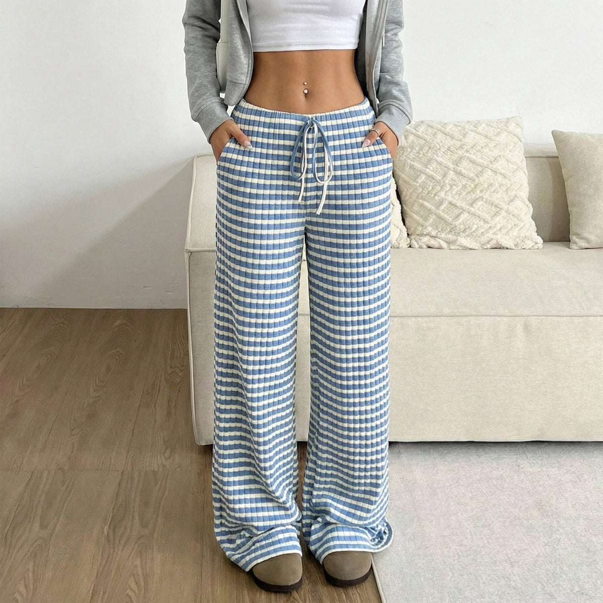 Women’s Wide Leg Palazzo Pants High Waisted Striped Knit Lounge Pants Elastic Waist Drawstring Casual Pajama Trousers