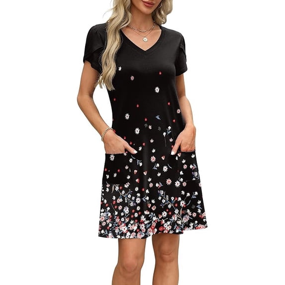 Women’s Summer Sundress with Pockets Short Sleeve V Neck Swing Midi Dress Casual Loose Fit Vacation Beach Dress