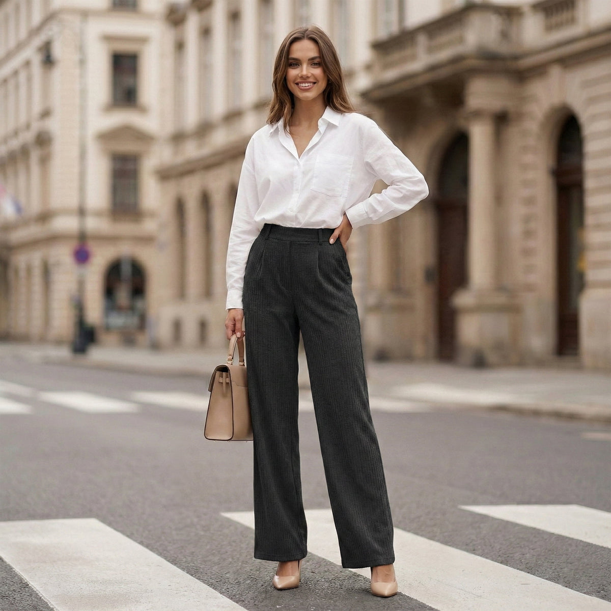 Women’s High Waisted Wide Leg Pants Casual Straight Leg Trousers with Front Pleats Elastic Back Waist Lounge Work Pants