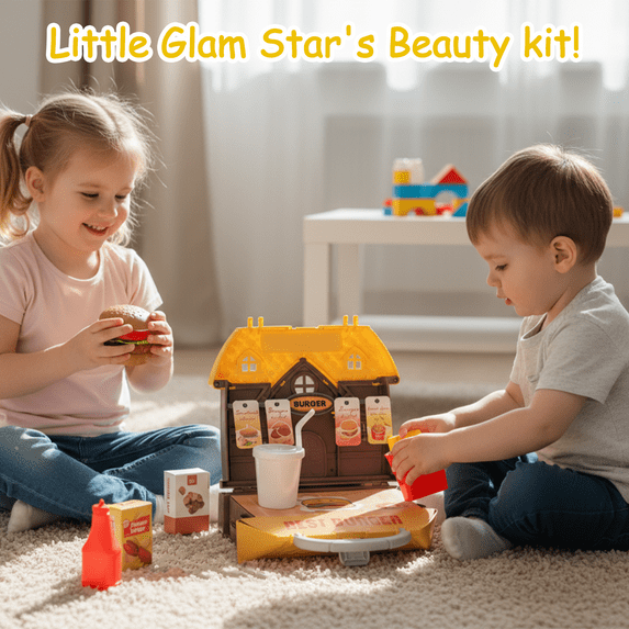 Flynow Kids Pretend Play Food Burger Toy for Toddler 1-3 Year Old, 26pcs Playset with Storage Box, Hamburger, French fries, Christmas Birthday Gift for Child Boys Girls Age 2 4 5 6 7 8 9 10