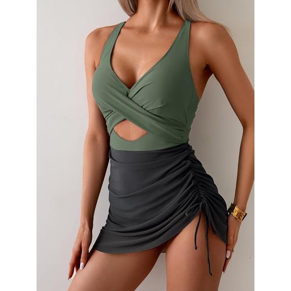 Women’s One Piece Swimdress Swimsuit Mesh Sarong Wrap Skirt Tummy Control V Neck Cutout Bathing Suit Drawstring Swimwear
