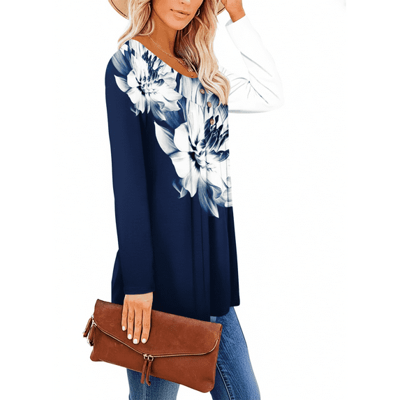 WQD Womens Long Sleeve Shirts Dressy Casual Floral Blouses Loose Tunic Tops for Fall Winter Spring (Available in Plus Size)