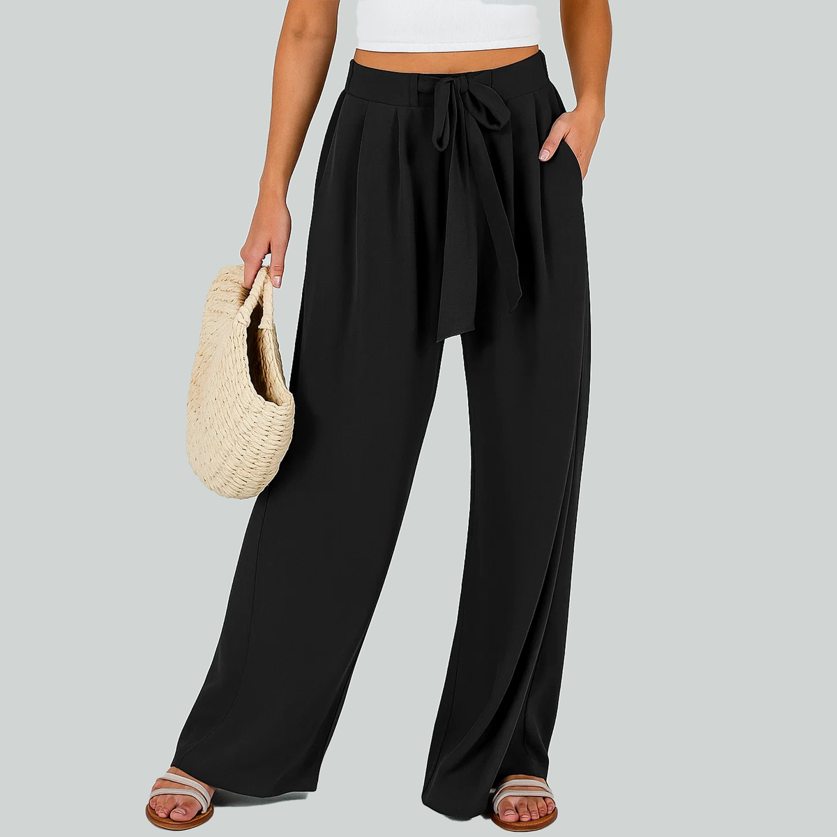 WQD Women Wide Leg Palazzo Pants High Waist Flowy Casual Loose Fit Trousers for Lounge Travel Daily Office Wear