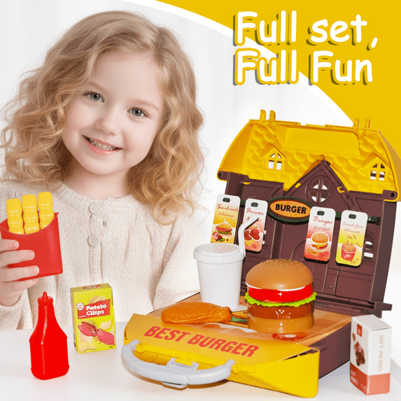 Flynow Kids Pretend Play Food Burger Toy for Toddler 1-3 Year Old, 26pcs Playset with Storage Box, Hamburger, French fries, Christmas Birthday Gift for Child Boys Girls Age 2 4 5 6 7 8 9 10