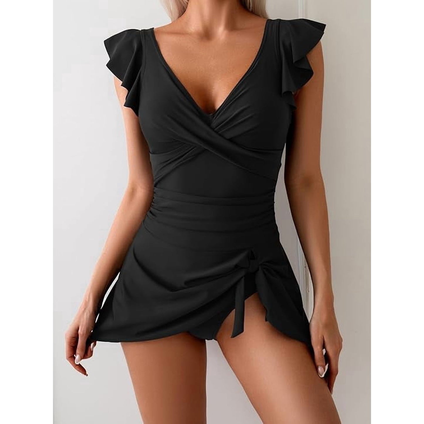 Women’s One Piece Swimdress Tummy Control Ruffle Swimsuit V Neck Tie Knot Skirted Bathing Suit Swim Dress