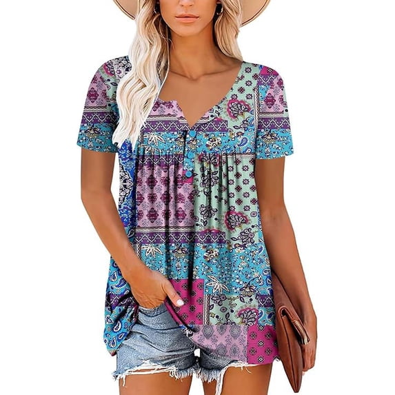 Women’s Short Sleeve Floral Tops Summer Casual Loose Fit Tunic Shirts Button Detail Flowy Blouses for Leggings Jeans Daily Wear