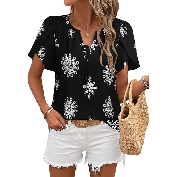 Womens Summer Boho Blouse Short Sleeve Button Down Floral Top Casual Business Work Shirt Fashion Beach Vacation Tops