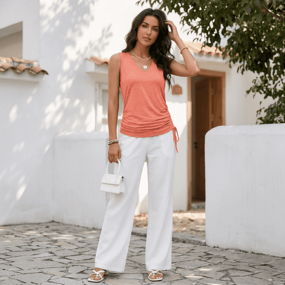 WQD 2 Pack Summer Tank Tops for Women V Neck Sleeveless Shirts Casual Loose Fit Trendy Workout Fashion Blouses