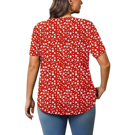 Womens Plus Size Tunic Tops Summer Short Sleeve V Neck Floral Blouse Casual Loose Fit Pleated Button Down Dressy T Shirts for Work, Travel & Everyday Wear
