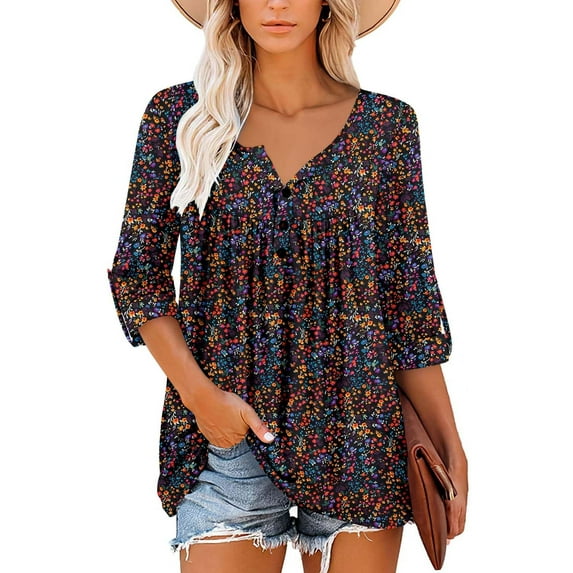 WQD Womens Long Sleeve Shirts Dressy Casual Floral Blouses Loose Tunic Tops for Fall Winter Spring (Available in Plus Size)