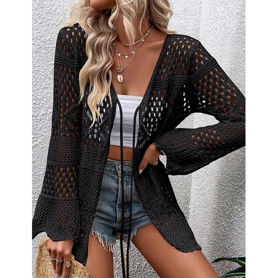 WQD Women Crochet Cardigan for Summer Spring Fall, Lightweight Oversized Tie Front Hollow Out Long Sleeves Kimono Boho Knit Beach Cover Up with Swimsuit, Bikini, Bathing Suit
