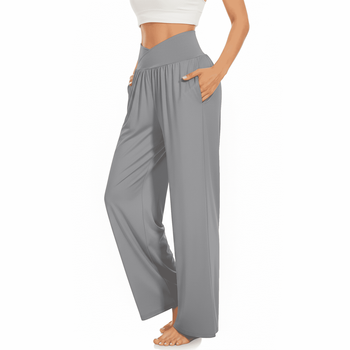 WQD Women’s Sweatpants Wide Leg Lounge Pants Crossover High Waist Yoga Pants with Pockets Comfy Loose Fit Flowy Casual Pajama Pants