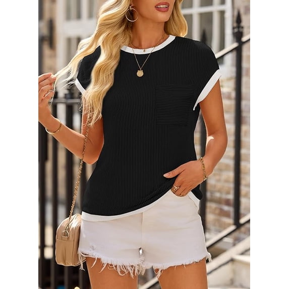 WQD Women’s Short Sleeve Crewneck T Shirt Color Block Ribbed Knit Top Casual Summer Blouse with Pocket