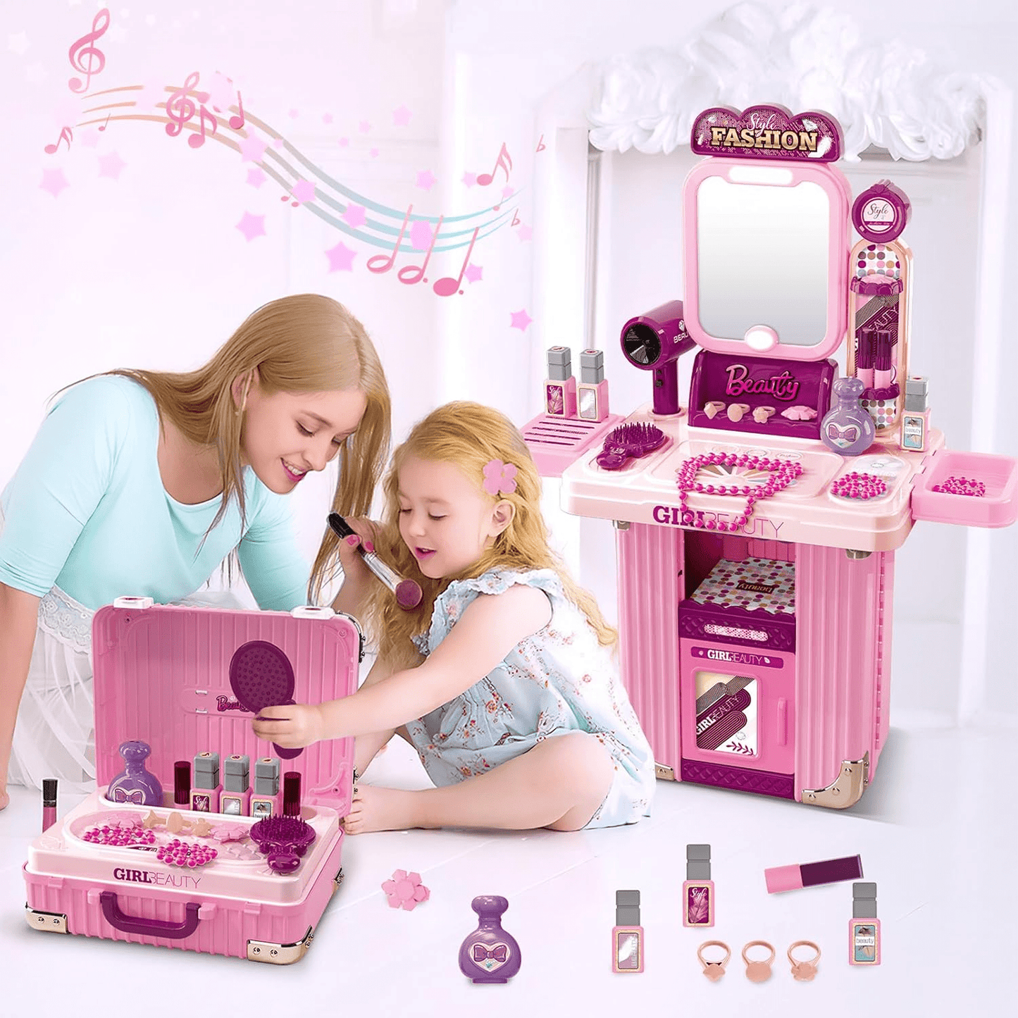 Flynow Toys Makeup Table Playset, Girls Dressup Pretend Play Princess for Toddler 1-3 Years Old, Kids Vanity Accessories 31pcs Set with Music Light, Christmas Birthday Gift for Age 2 4 5 6 7 8 9 10