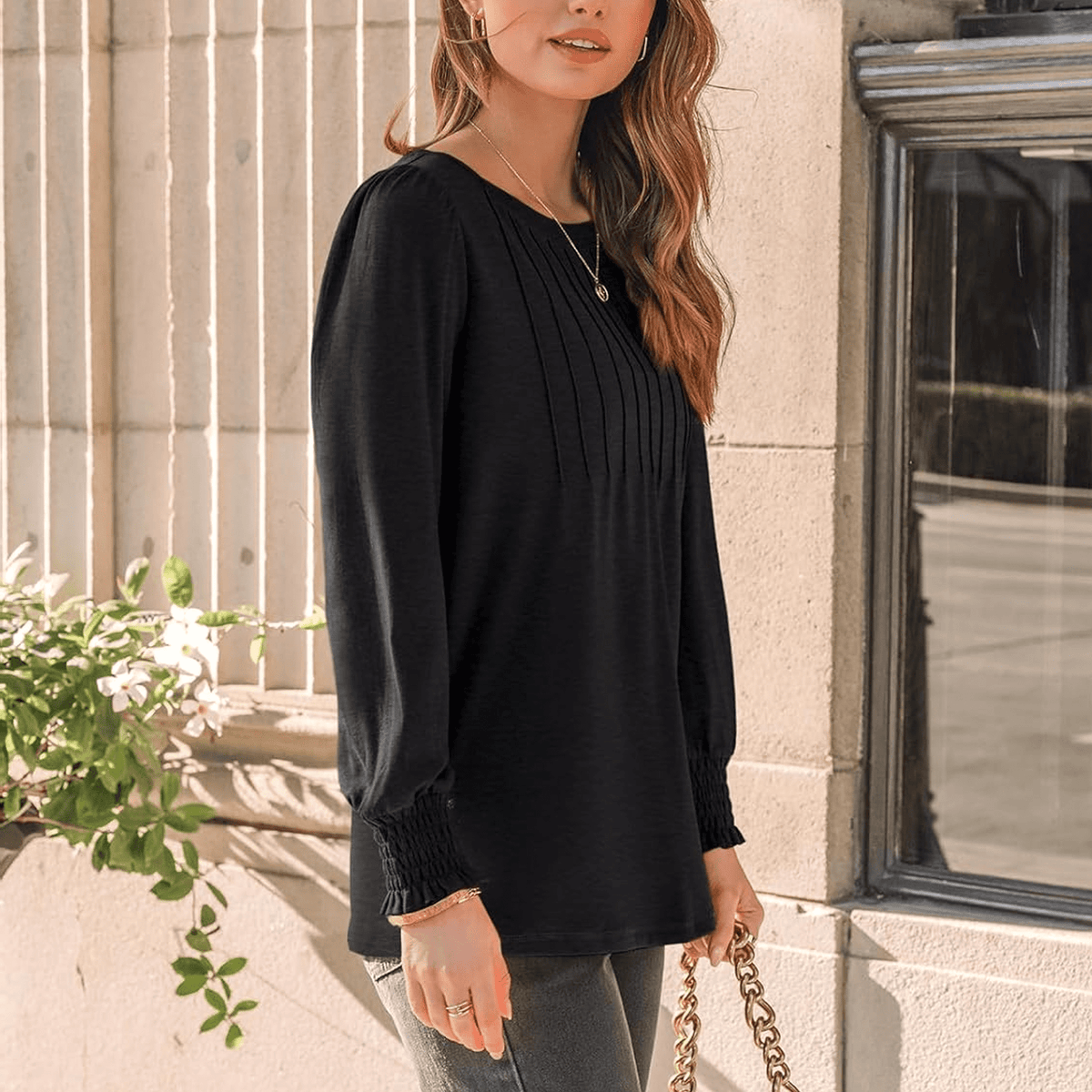 WQD Womens Long Sleeve Shirts Pleated Crewneck Tops Business Casual Blouses Fashion Dressy Smocked Cuffs Pullover Fall Spring Winter
