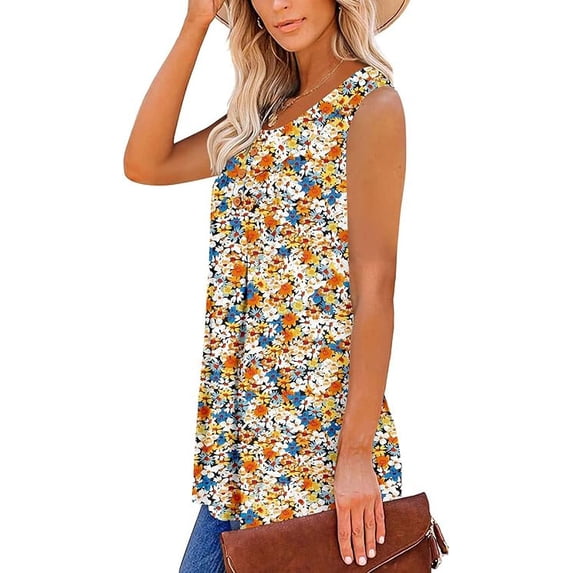 Women’s Tank Top Summer Floral Sleeveless V Neck Blouse Casual Dressy Tunic Loose Fit Lightweight Printed Shirt for Beach Vacation Daily Fashion Wear